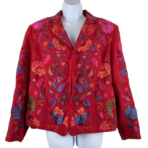 John Meyer Womens Embroidered Floral Embellished Crystals Blazer Jacket Red 16W - Picture 1 of 10